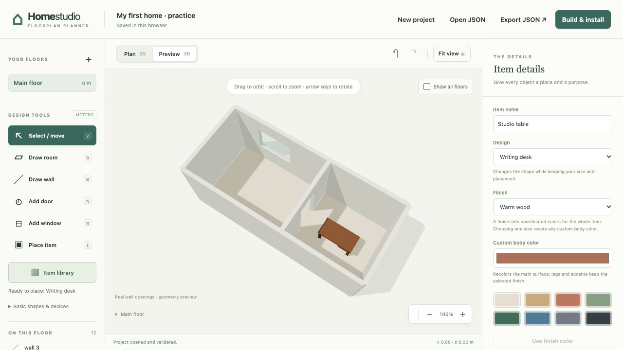 A fictional two-room project checked in the editor's 3D preview before export.