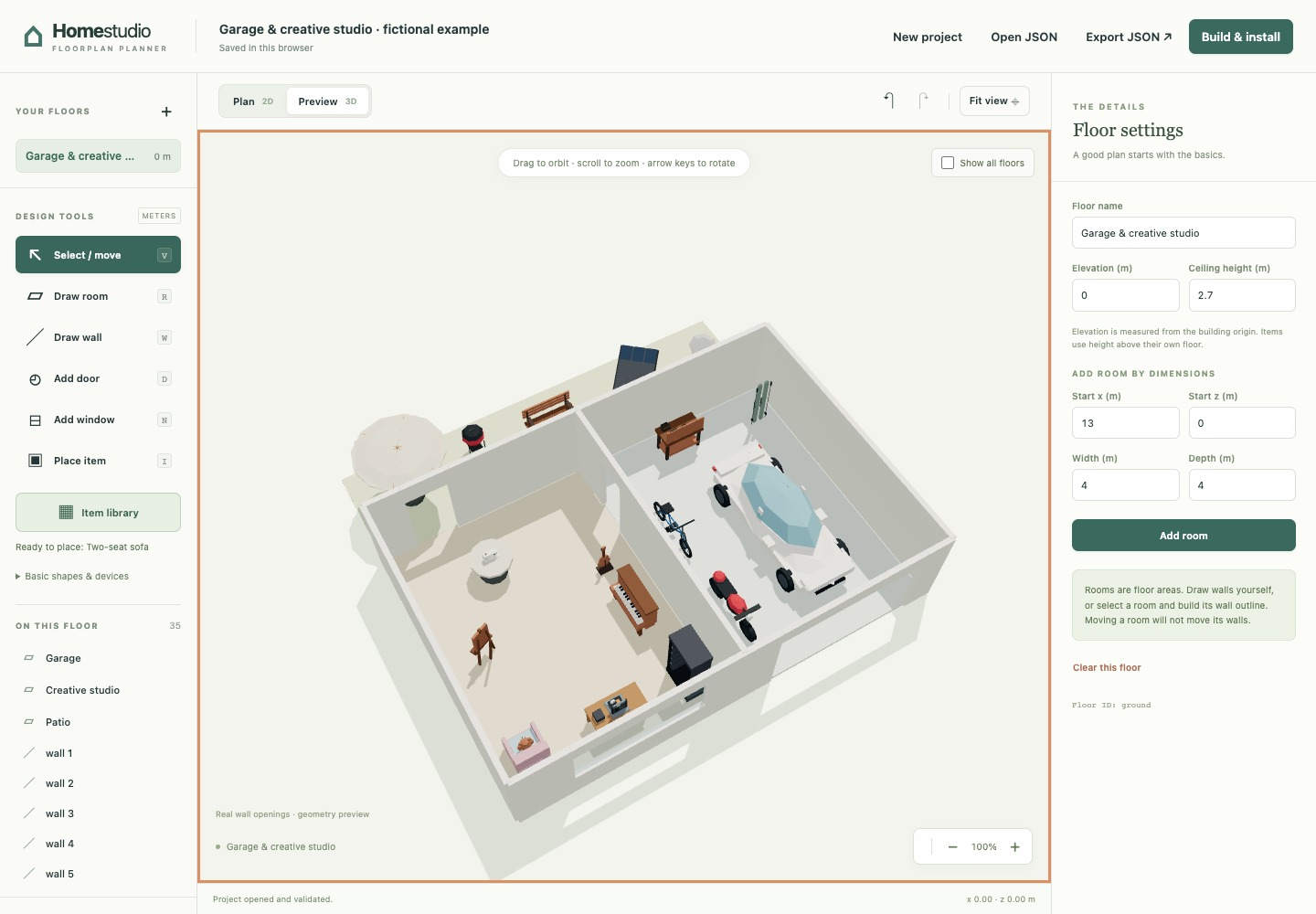 A fictional garage and creative studio with vehicles, instruments and outdoor furniture.